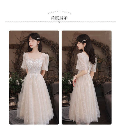 Puff-Sleeve Square-Neck Sequined A-Line Cocktail Dress