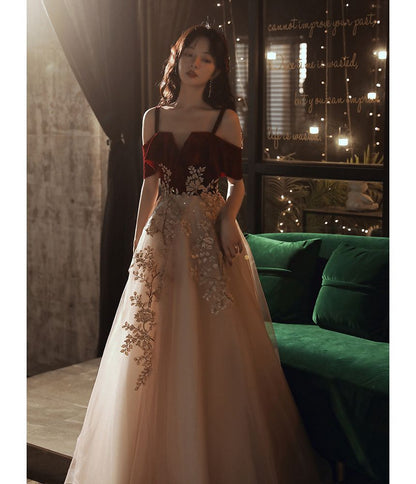 Cold-Shoulder Floral Applique Velvet Panel A-Line Evening Gown