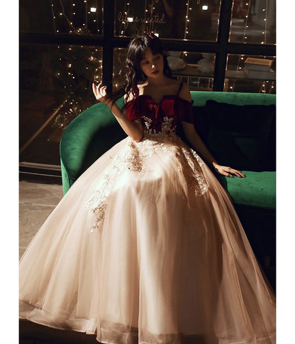 Cold-Shoulder Floral Applique Velvet Panel A-Line Evening Gown
