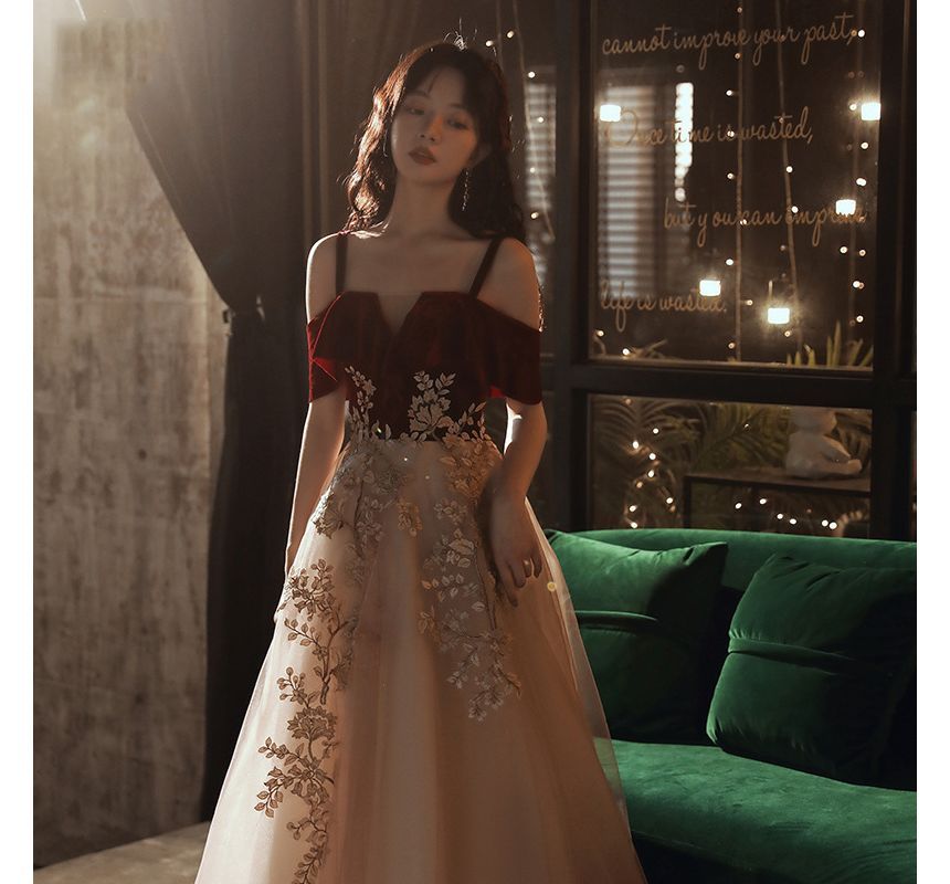 Cold-Shoulder Floral Applique Velvet Panel A-Line Evening Gown