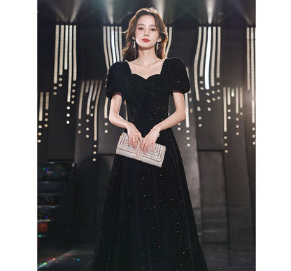 Puff-Sleeve Sweetheart-Neckline Faux Pear Trim Glitter A-Line Evening Gown