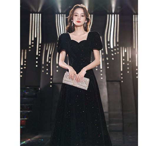Puff-Sleeve Sweetheart-Neckline Faux Pear Trim Glitter A-Line Evening Gown