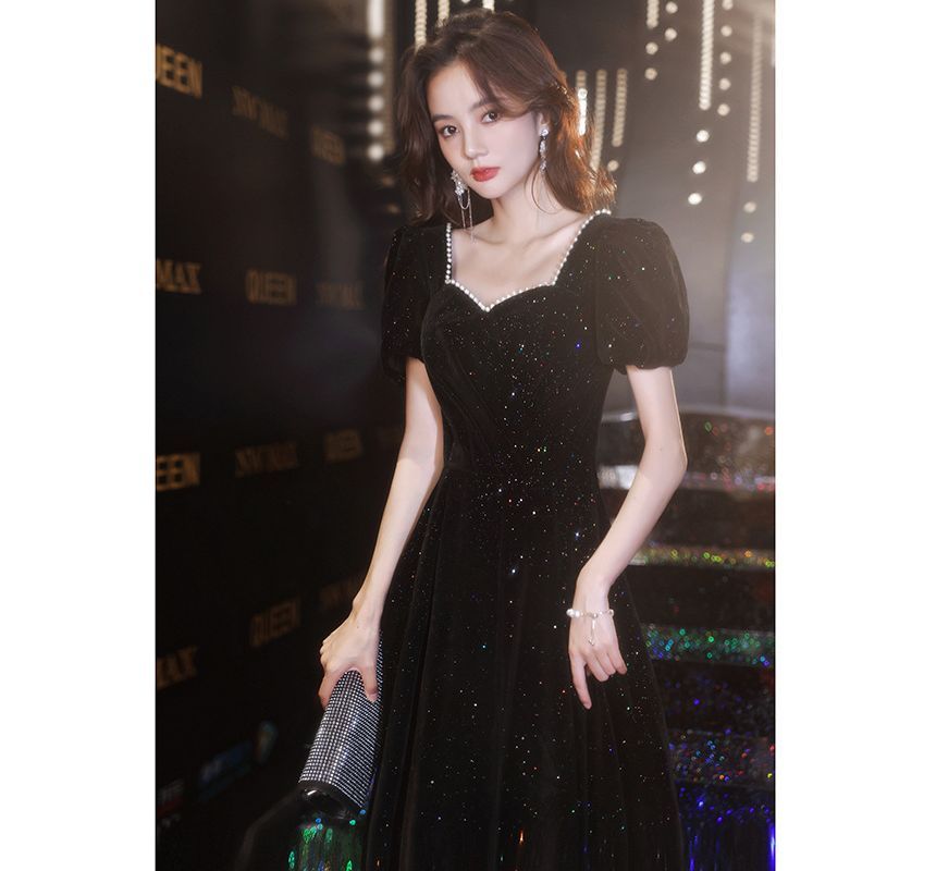 Puff-Sleeve Sweetheart-Neckline Faux Pear Trim Glitter A-Line Evening Gown