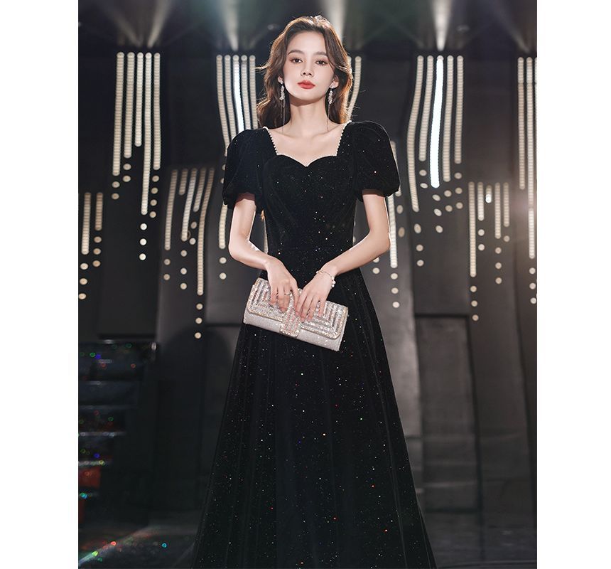 Puff-Sleeve Sweetheart-Neckline Faux Pear Trim Glitter A-Line Evening Gown
