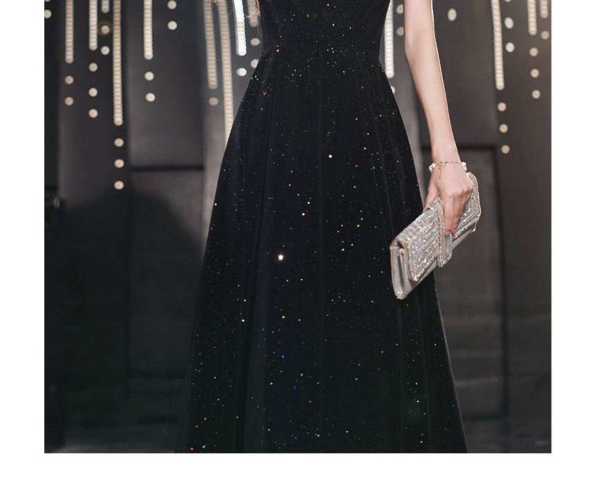 Puff-Sleeve Sweetheart-Neckline Faux Pear Trim Glitter A-Line Evening Gown