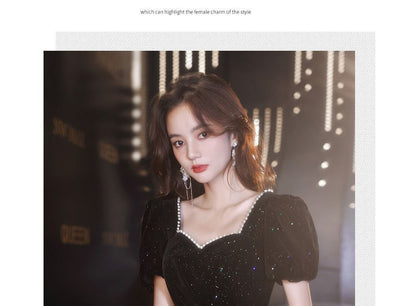 A-Line Gown Sweetheart-Neckline Trim Glitter Faux Pear Evening Puff-Sleeve