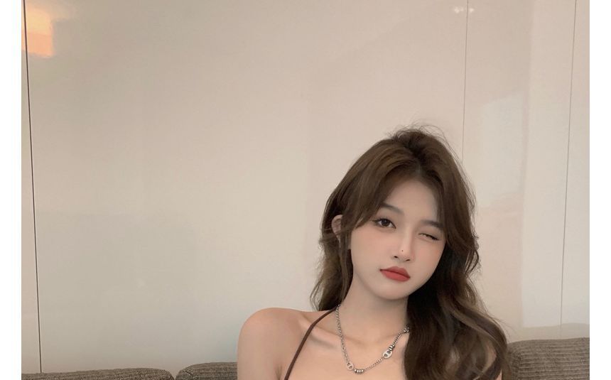 Top Plain Short-Sleeve Slim-Fit Halter