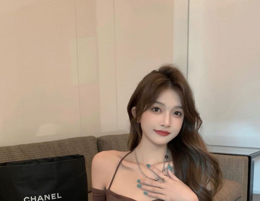 Top Plain Short-Sleeve Slim-Fit Halter