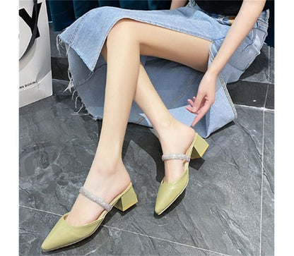 Rhinestone Chunky Heel Slide Sandals