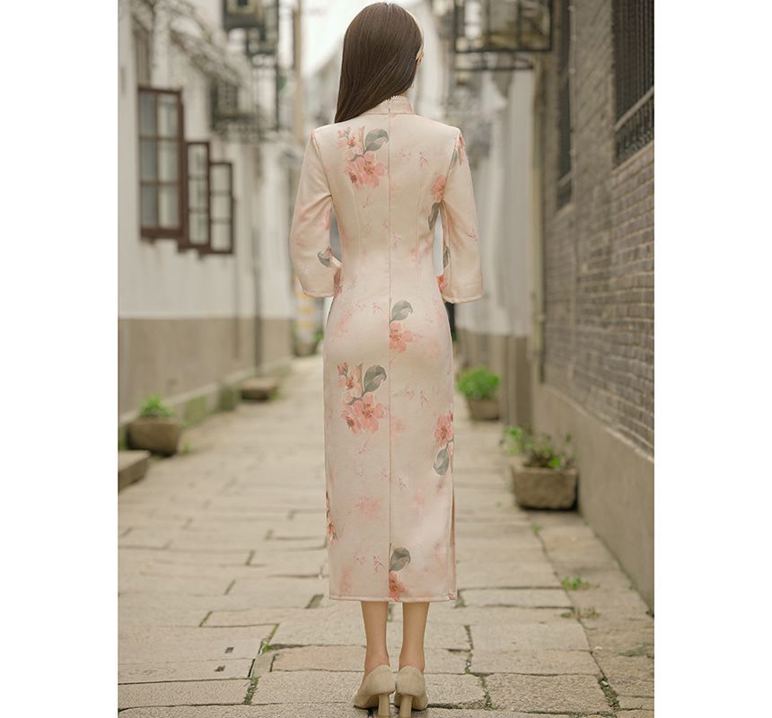 3/4-Sleeve Floral Print Faux Pearl Faux Suede Midi Sheath Qipao