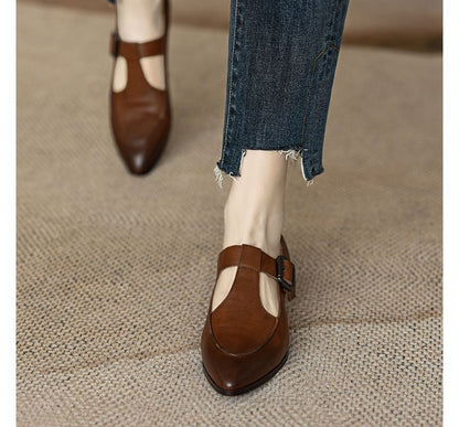 Pointed T-Strap Plain Mary Jane Shoes