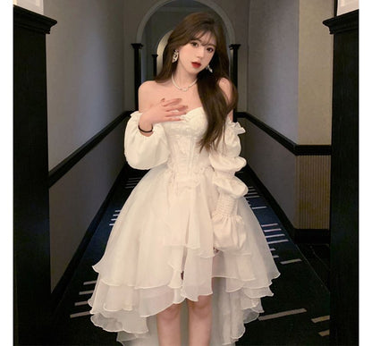 Low Sweetheart Mesh Long-Sleeve Evening Gown High Neckline