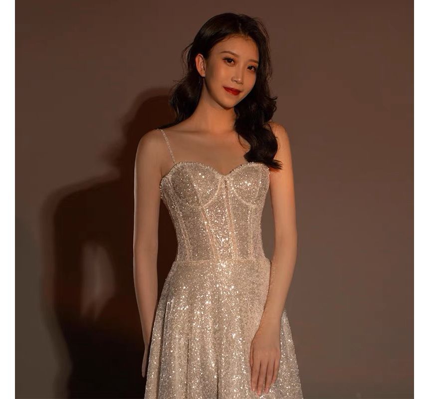 Spaghetti Evening Trained Neckline Strap Gown A-Line Glitter Sweetheart