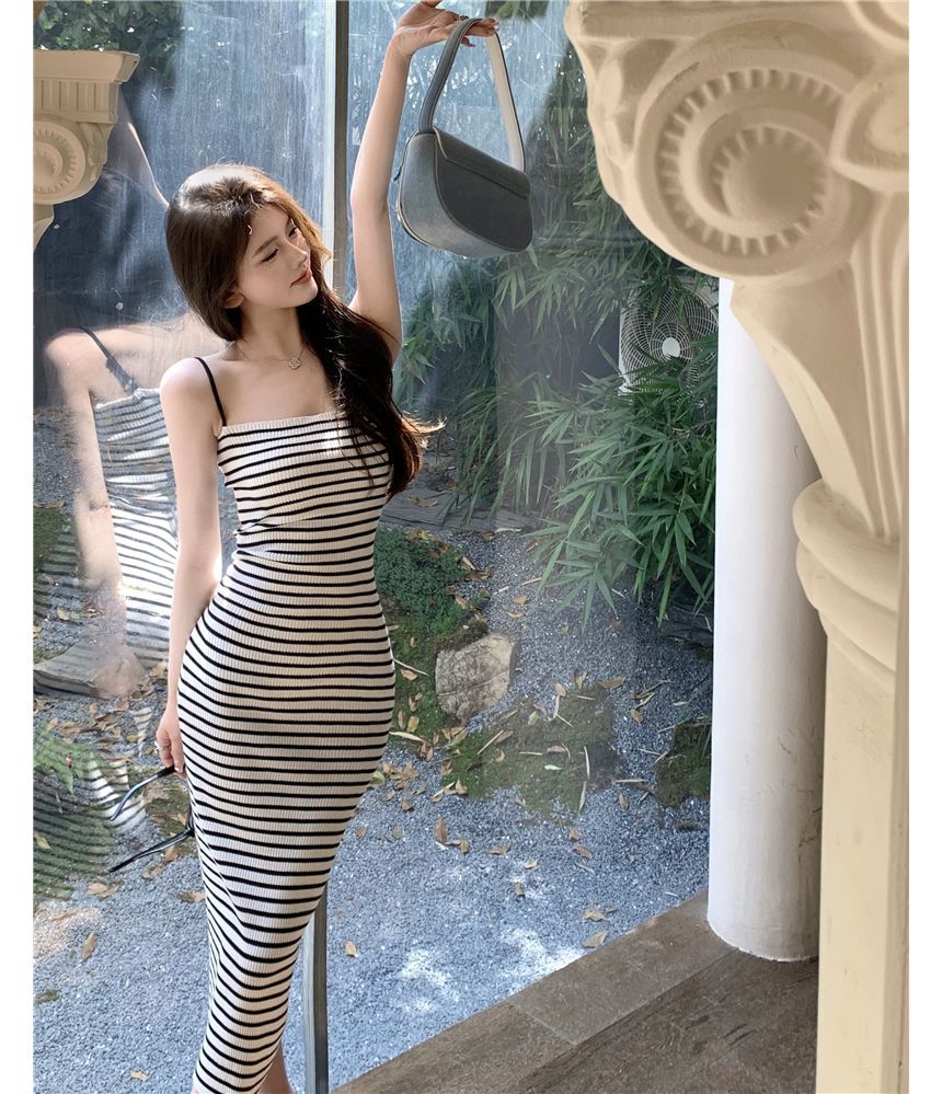 Spaghetti Strap Striped Midi Bodycon Dress