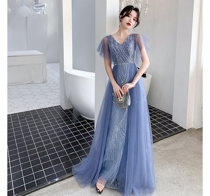 Flare-Sleeve V-Neck Mesh A-Line Evening Gown