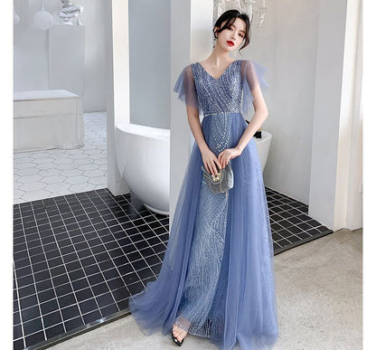Flare-Sleeve V-Neck Mesh A-Line Evening Gown