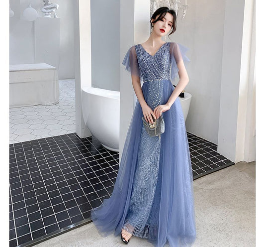Flare-Sleeve V-Neck Mesh A-Line Evening Gown