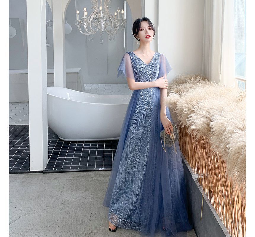 Flare-Sleeve V-Neck Mesh A-Line Evening Gown