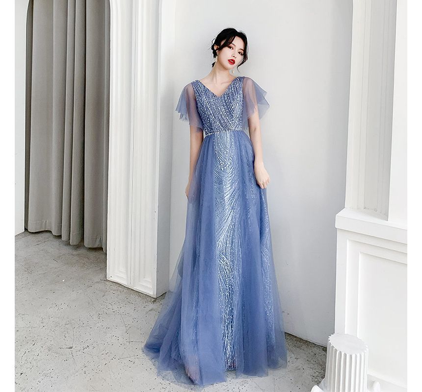 Flare-Sleeve V-Neck Mesh A-Line Evening Gown