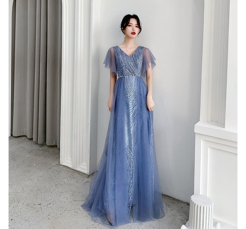 Flare-Sleeve V-Neck Mesh A-Line Evening Gown