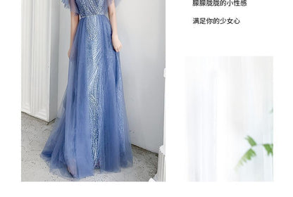Flare-Sleeve V-Neck Mesh A-Line Evening Gown