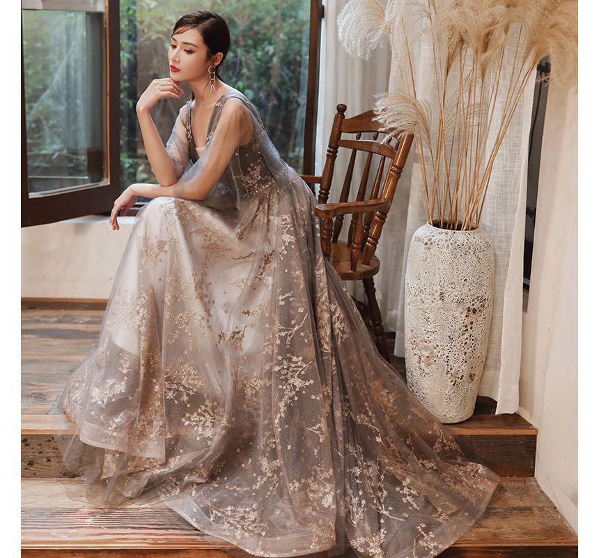 Mesh Sleeveless Evening Gown A-Line V-Neck