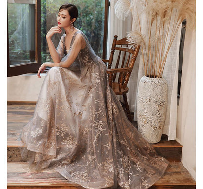 Mesh Sleeveless Evening Gown A-Line V-Neck