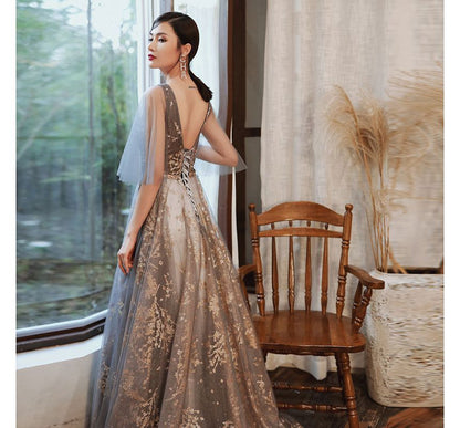 Mesh Sleeveless Evening Gown A-Line V-Neck