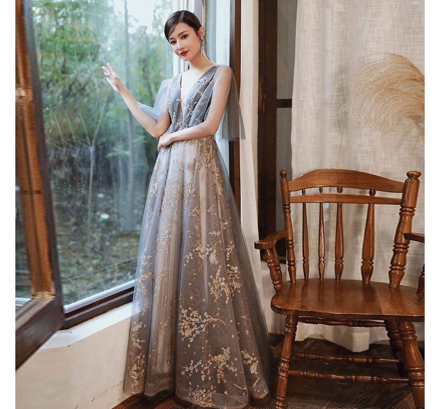 Mesh Sleeveless Evening Gown A-Line V-Neck