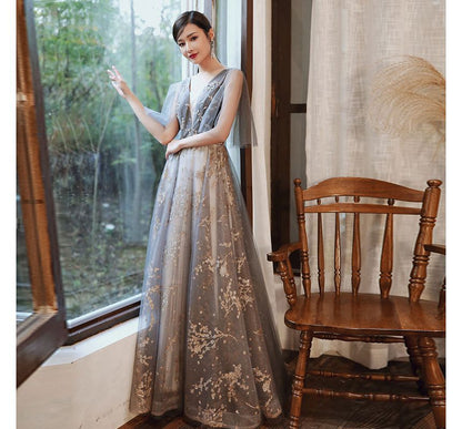 Mesh Sleeveless Evening Gown A-Line V-Neck