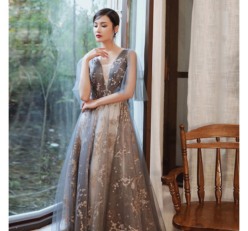 Mesh Sleeveless Evening Gown A-Line V-Neck