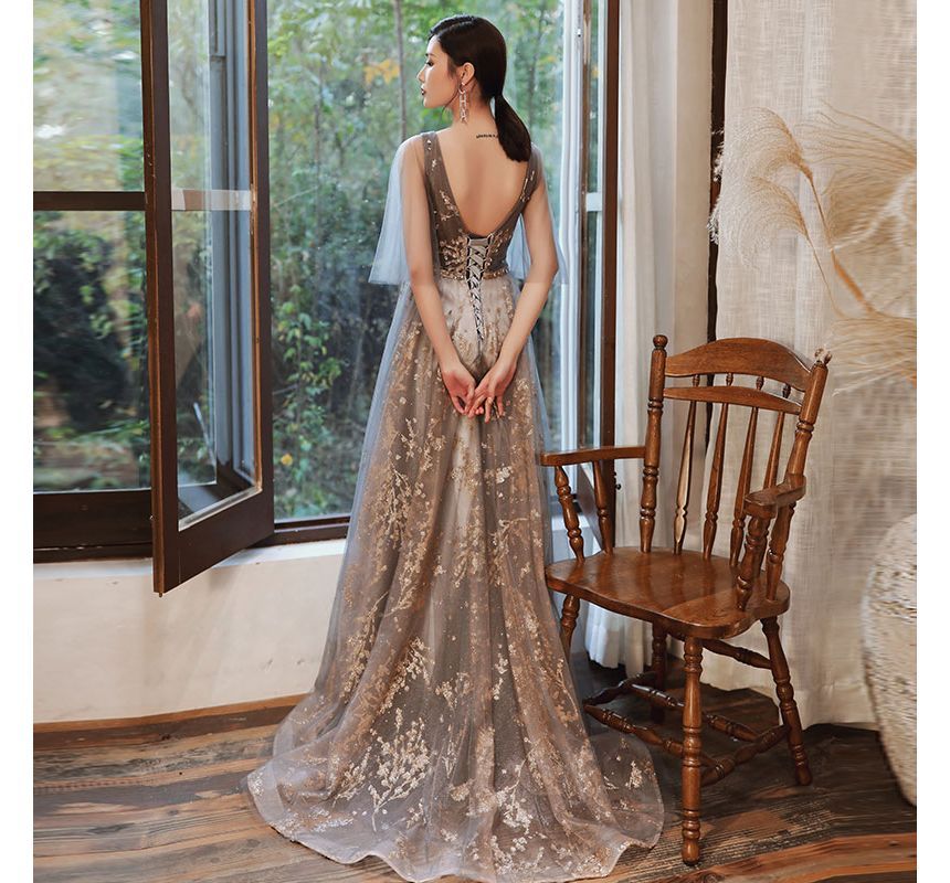 Mesh Sleeveless Evening Gown A-Line V-Neck