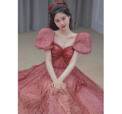 Gown Puff-Sleeve Sequined Evening Sweetheart A-Line Neckline