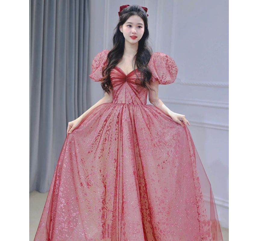Gown Puff-Sleeve Sequined Evening Sweetheart A-Line Neckline