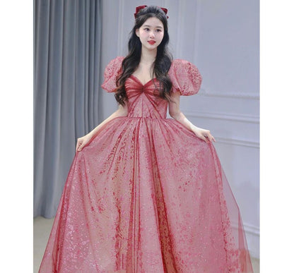 Gown Puff-Sleeve Sequined Evening Sweetheart A-Line Neckline