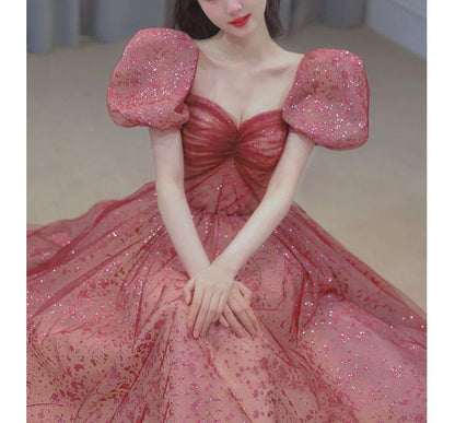 Gown Puff-Sleeve Sequined Evening Sweetheart A-Line Neckline