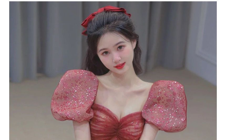 Gown Puff-Sleeve Sequined Evening Sweetheart A-Line Neckline