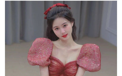 Gown Puff-Sleeve Sequined Evening Sweetheart A-Line Neckline