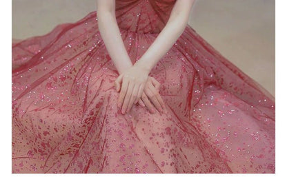 Gown Puff-Sleeve Sequined Evening Sweetheart A-Line Neckline