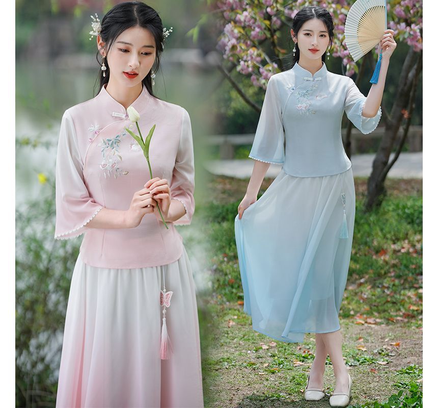 Traditional Chinese 3/4-Sleeve Top / High Rise Midi A-Line Skirt