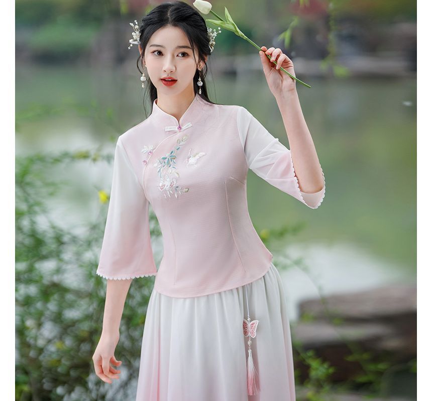 Traditional Chinese 3/4-Sleeve Top / High Rise Midi A-Line Skirt