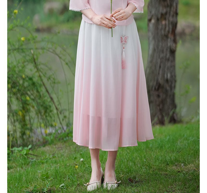 Traditional Chinese 3/4-Sleeve Top / High Rise Midi A-Line Skirt