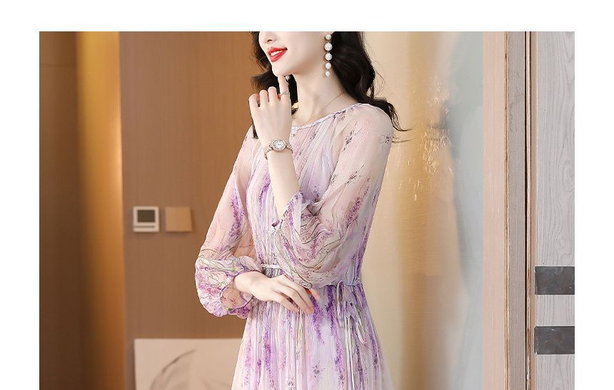 Long-Sleeve Crew Neck Floral Print Midi A-Line Dress