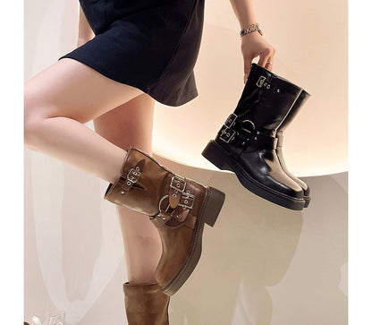 Short Boots Heel Buckled Chunky