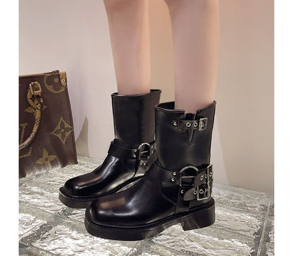 Short Boots Heel Buckled Chunky