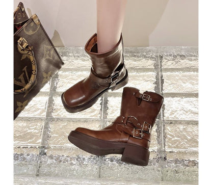 Short Boots Heel Buckled Chunky