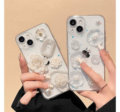 Floral Faux Pearl Transparent Phone Case