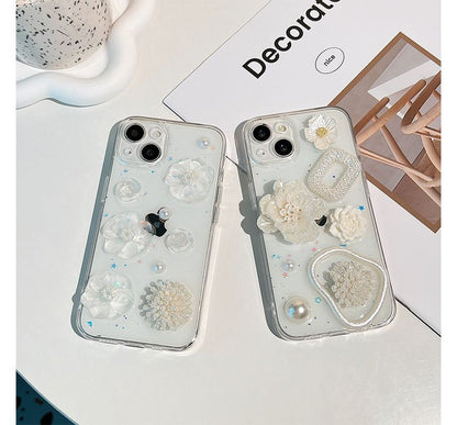 Floral Faux Pearl Transparent Phone Case