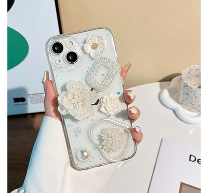 Floral Faux Pearl Transparent Phone Case