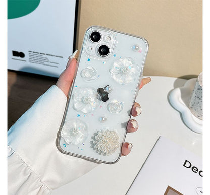 Floral Faux Pearl Transparent Phone Case